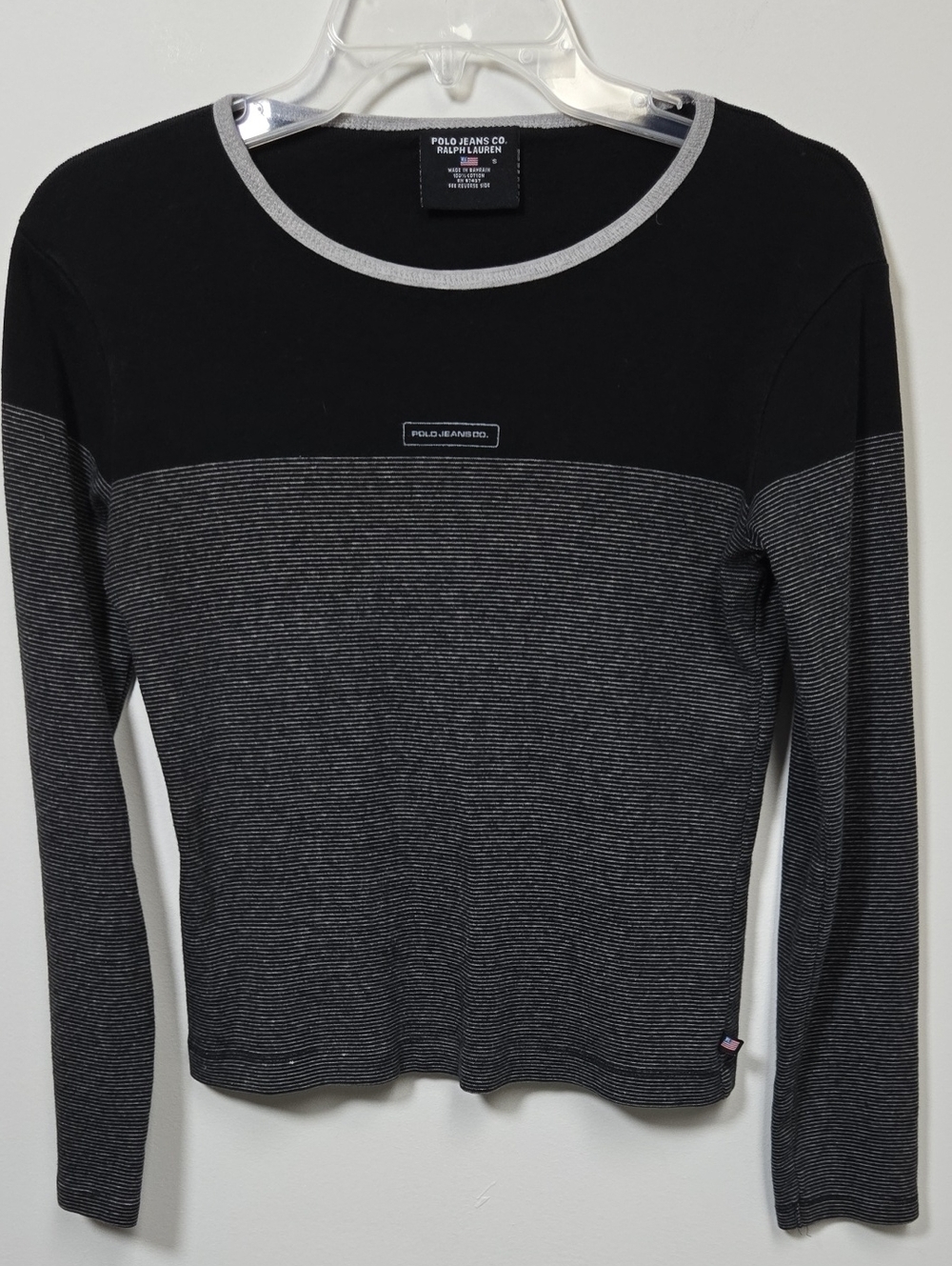 Polo by Ralph Lauren Black & Charcoal Striped Long Sleeve Tee 100% Cotton Size S